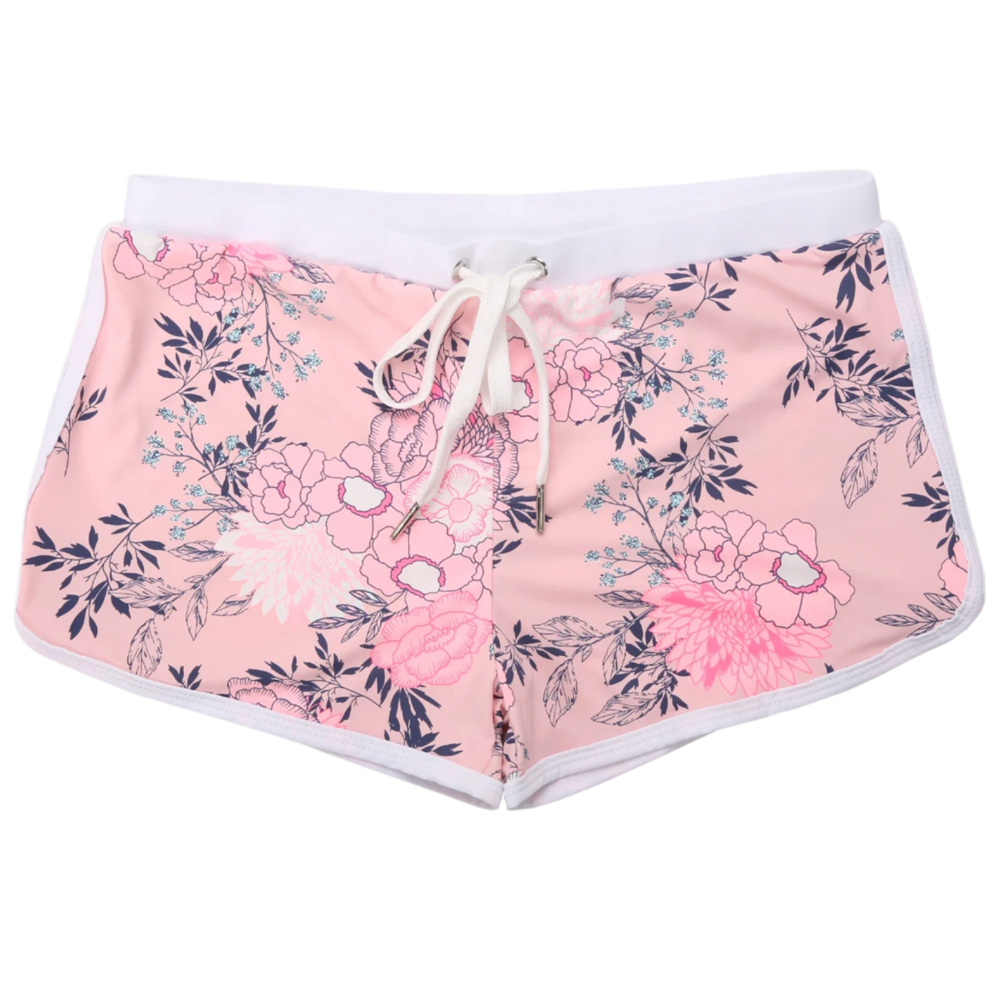 pink flower -patterned swim shorts with a white waistband.