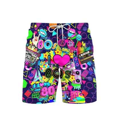 Colorful shorts with 80s-themed graphics on a white background