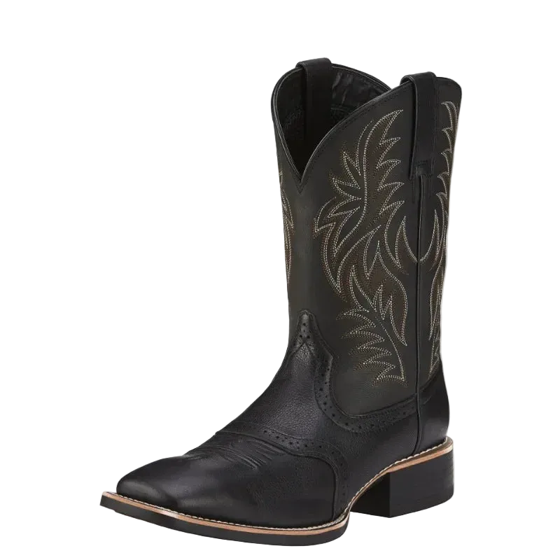 Black cowboy boot with intricate stitching on a white background