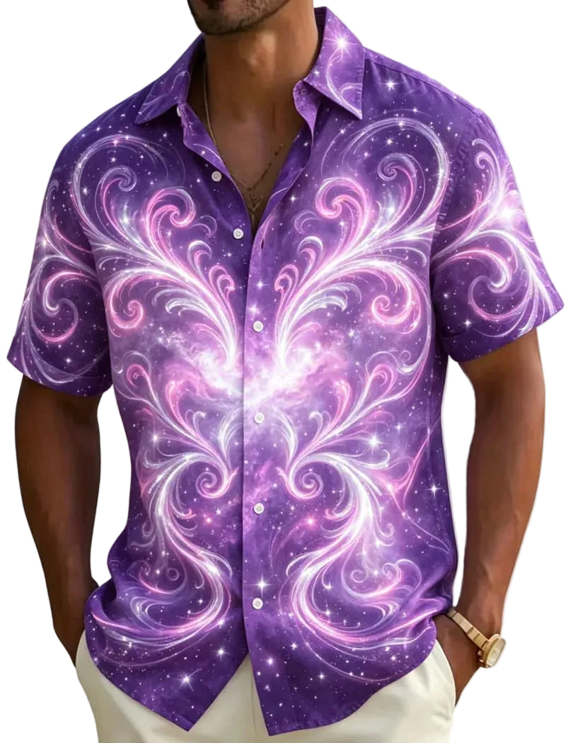 A man wearing a short-sleeve button-up shirt with a vibrant purple and pink galaxy swirl pattern, set against a blurred beach background with palm leaves.