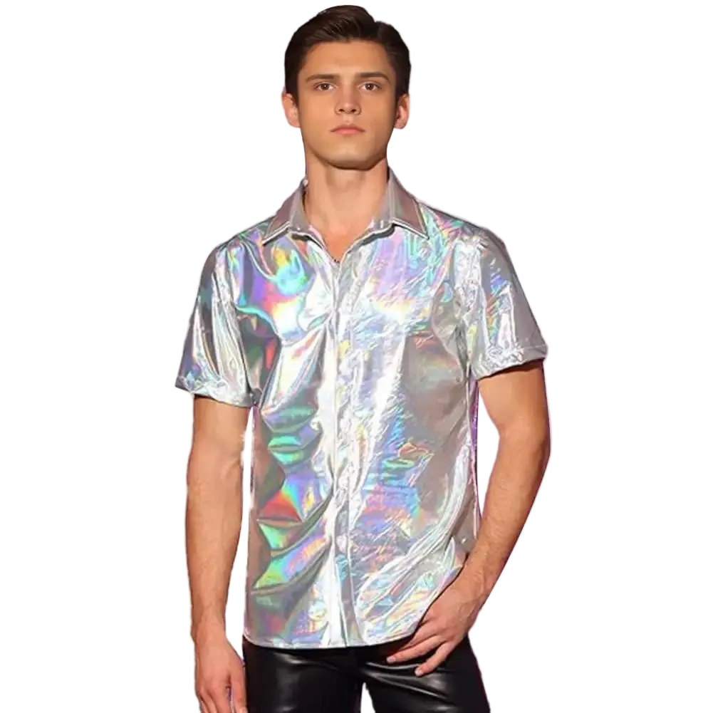 Man wearing a reflective, multicolored shirt on a white background