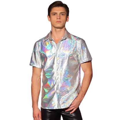 Man wearing a reflective, multicolored shirt on a white background