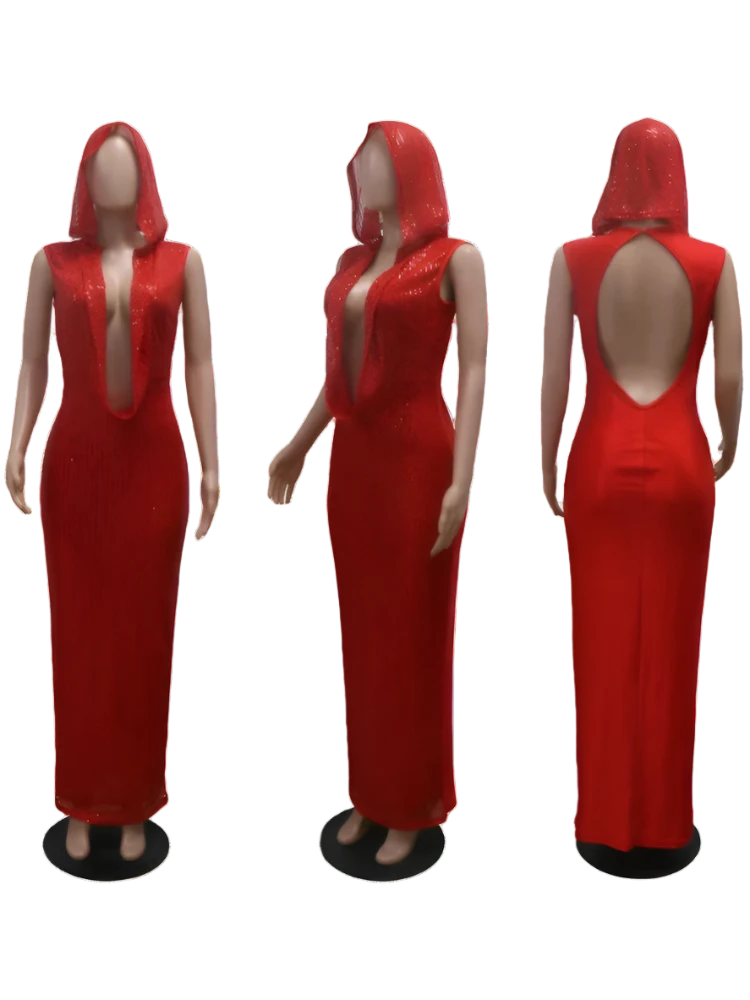 Red Hooded Sexy Deep V Neck Sequins Glitter Mesh See Through Back Open Sparkly Evening Dress