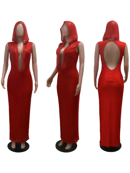 Red Hooded Sexy Deep V Neck Sequins Glitter Mesh See Through Back Open Sparkly Evening Dress