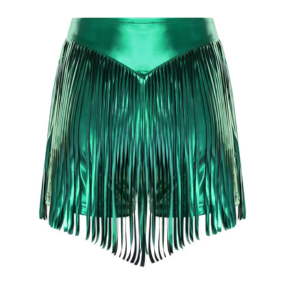 Women Iridescent Metallic Hot Pants with Fringed High Waist Tassel Skirted Shorts Cheeky Shorts Stage Dance Jazz Rock Clubwear