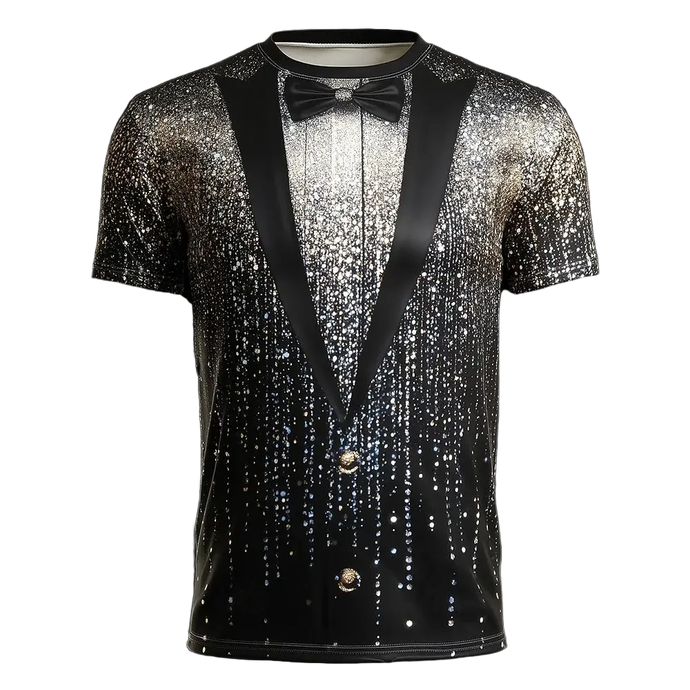 A men's short-sleeve t-shirt with a tuxedo-inspired design, featuring a black satin lapel collar, a black bow tie, and a body covered in shimmering silver and black sequins that create a dripping effect, shown against a solid black background.