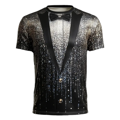 A men's short-sleeve t-shirt with a tuxedo-inspired design, featuring a black satin lapel collar, a black bow tie, and a body covered in shimmering silver and black sequins that create a dripping effect, shown against a solid black background.