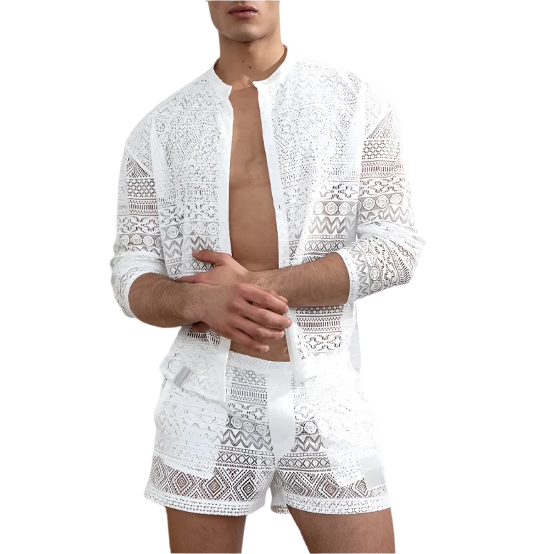 Long-sleeved Lace Cut-out Shirt and Casual Shorts Men's Set