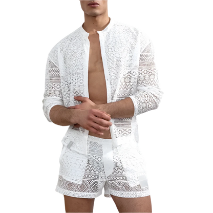 Long-sleeved Lace Cut-out Shirt and Casual Shorts Men's Set