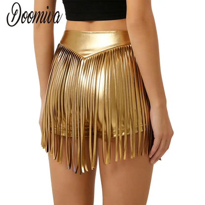 Women Iridescent Metallic Hot Pants with Fringed High Waist Tassel Skirted Shorts Cheeky Shorts Stage Dance Jazz Rock Clubwear