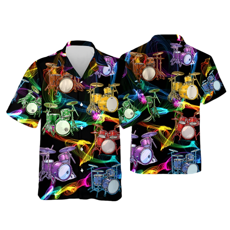 Colorful drum pattern shirt on a mannequin against a neutral background