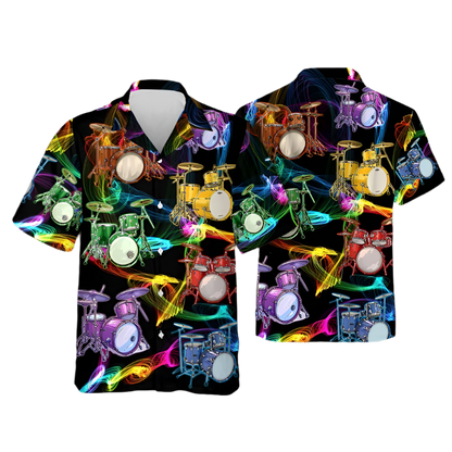 Colorful drum pattern shirt on a mannequin against a neutral background