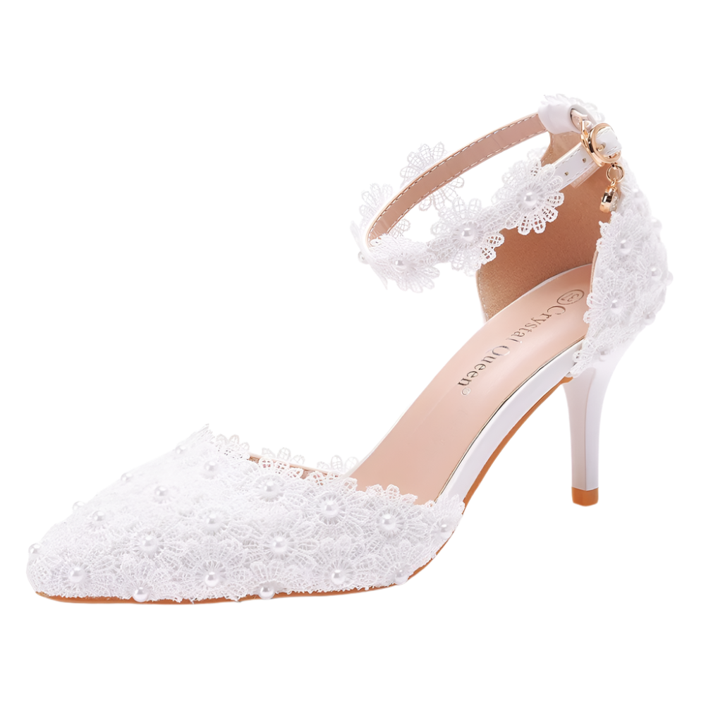 White lace high-heeled shoe on a white background