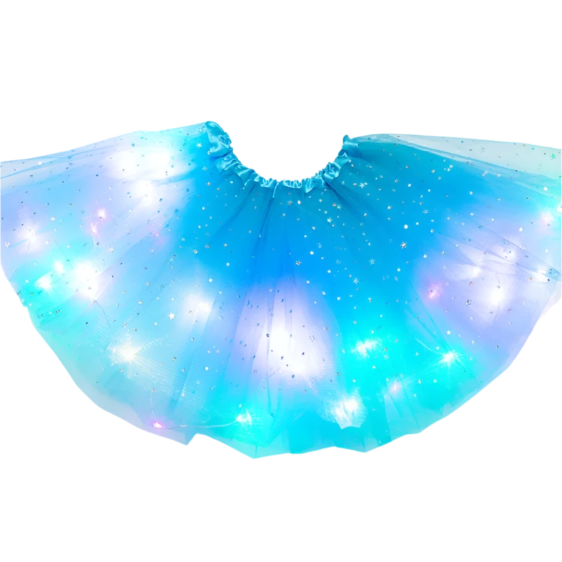 LED Light-Up Skirt: A black skirt featuring colorful LED lights embedded within, creating a twinkling effect with various colors like pink, green, and blue.

