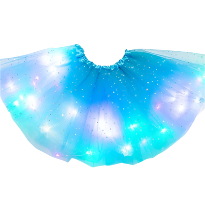 LED Light-Up Skirt: A black skirt featuring colorful LED lights embedded within, creating a twinkling effect with various colors like pink, green, and blue.

