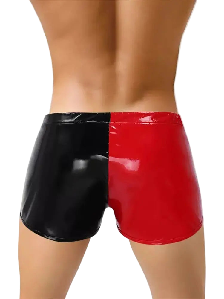 Black and red shiny shorts on a white background