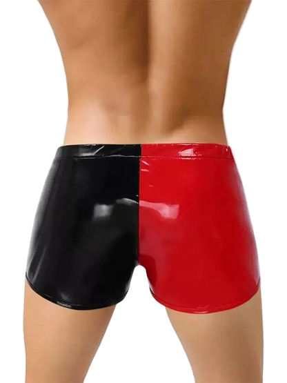 Black and red shiny shorts on a white background