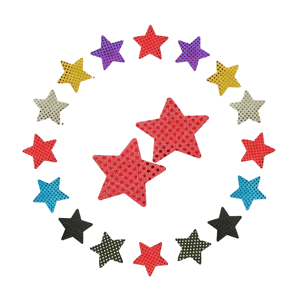 A circular garland of star-shaped stickers or patches in multiple colors, including red, purple, yellow, blue, black, and white, arranged on a plain white background.