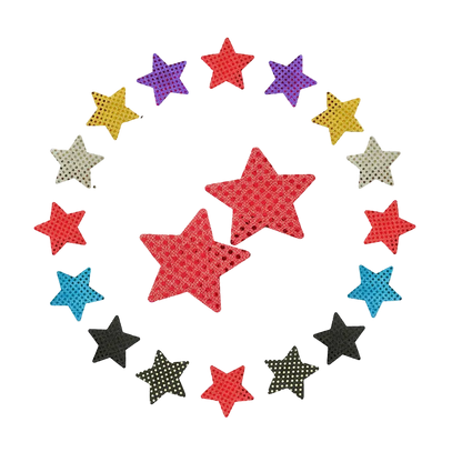 A circular garland of star-shaped stickers or patches in multiple colors, including red, purple, yellow, blue, black, and white, arranged on a plain white background.