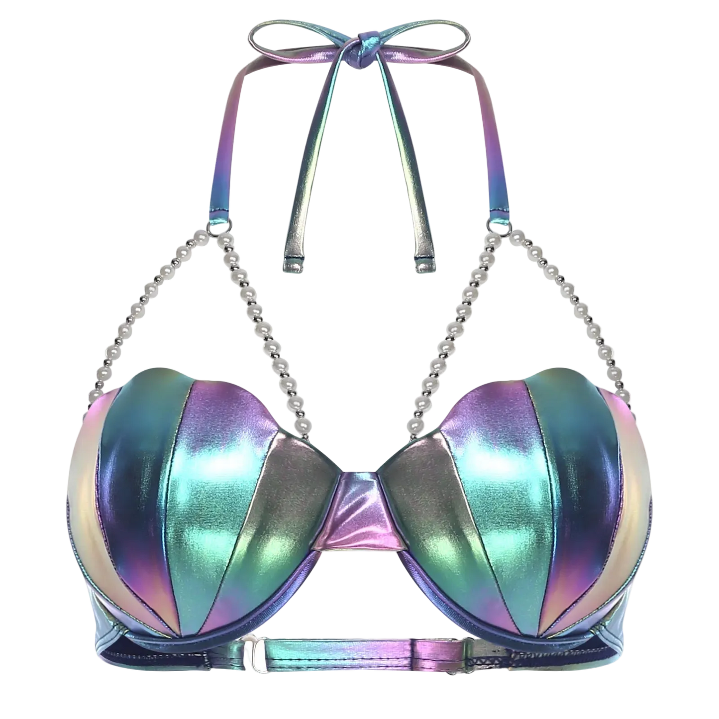 Multicolored metallic bikini top with chain straps on a white background
