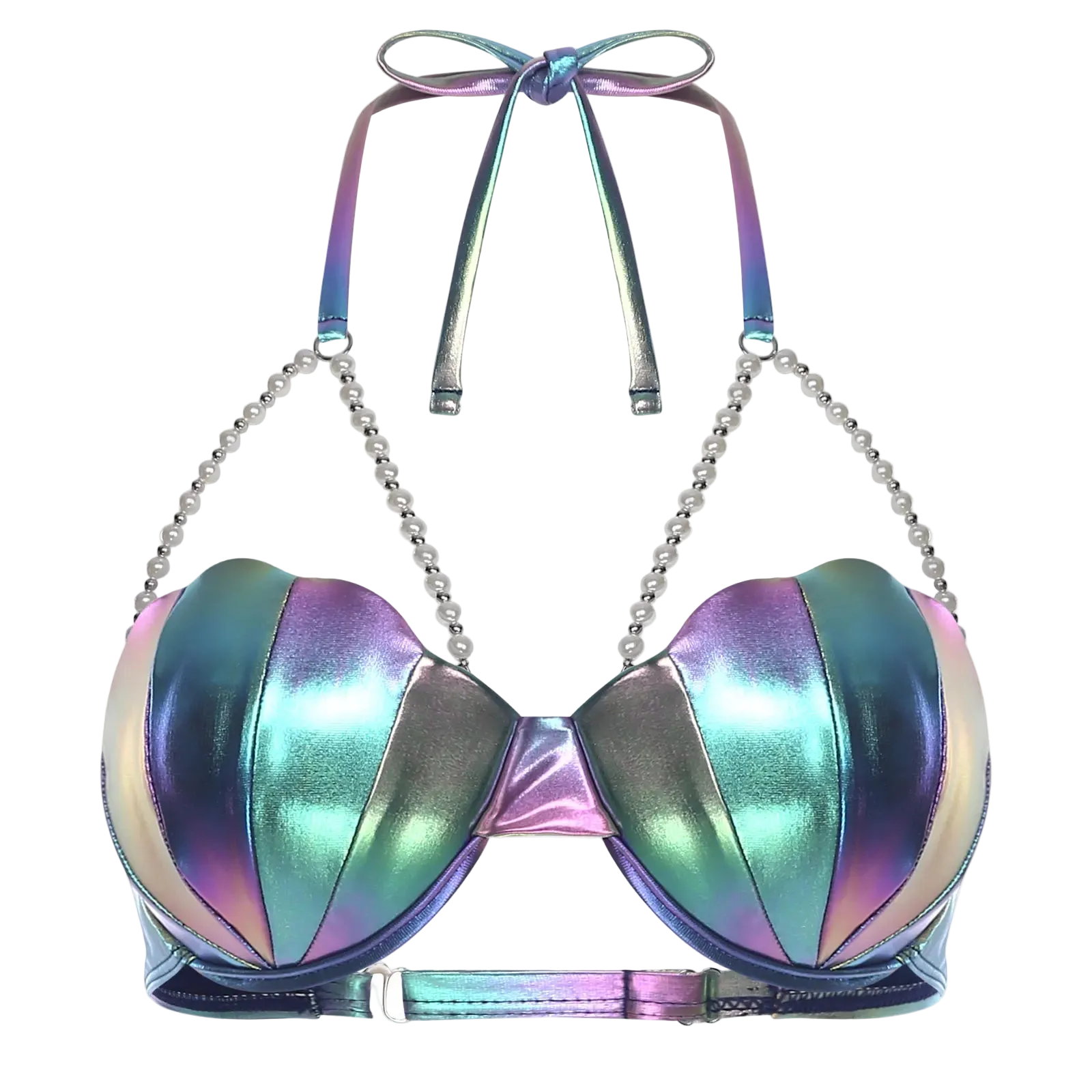 Multicolored metallic bikini top with chain straps on a white background