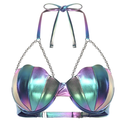 Multicolored metallic bikini top with chain straps on a white background