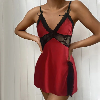 Patchwork Perspective Lace Nightgown Intimate Lingerie Summer New Female Sleepwear Suspender Nightdress Satin Homewear Undewear