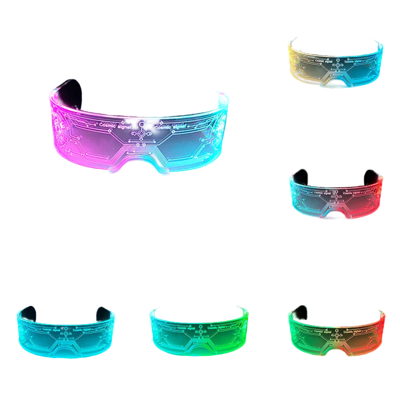 LED colorful glasses with two sides controlled, shown in various colors against a dark background.