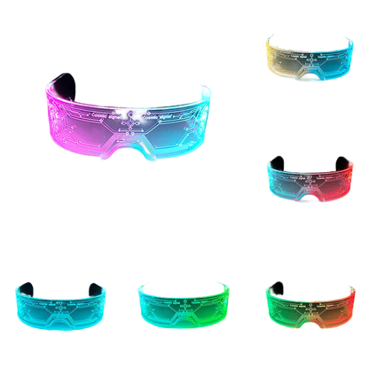 LED colorful glasses with two sides controlled, shown in various colors against a dark background.