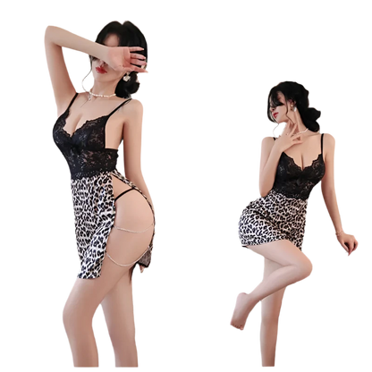 Leopard Lace Babydoll Deep V-slit Chain Short Skirt Sexy Lingerie