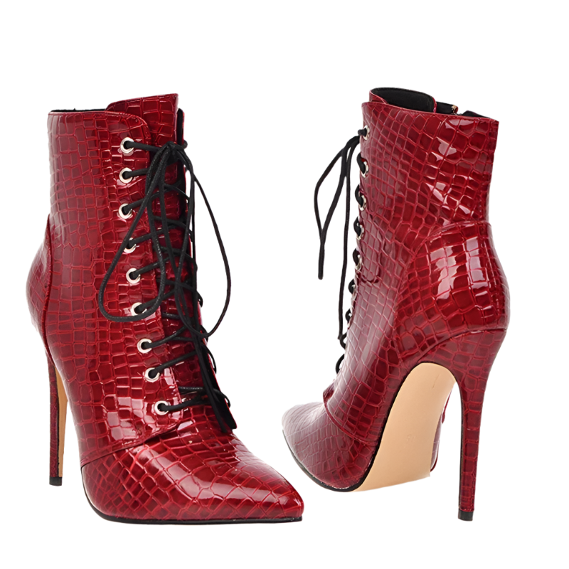 Red high-heeled lace-up boots with crocodile texture on a white background