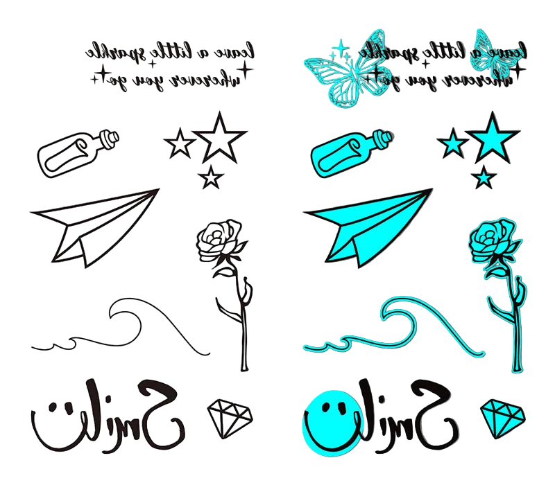 Two tattoo sheets with various designs including stars, butterflies, and text on a white and gray background.