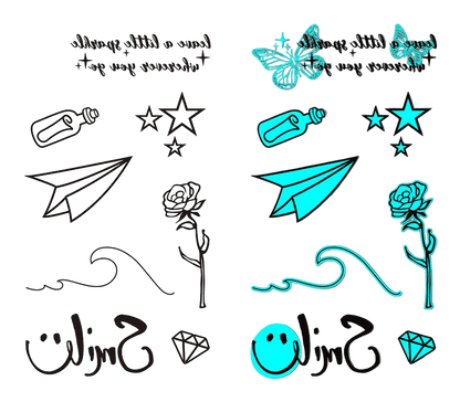 Two tattoo sheets with various designs including stars, butterflies, and text on a white and gray background.