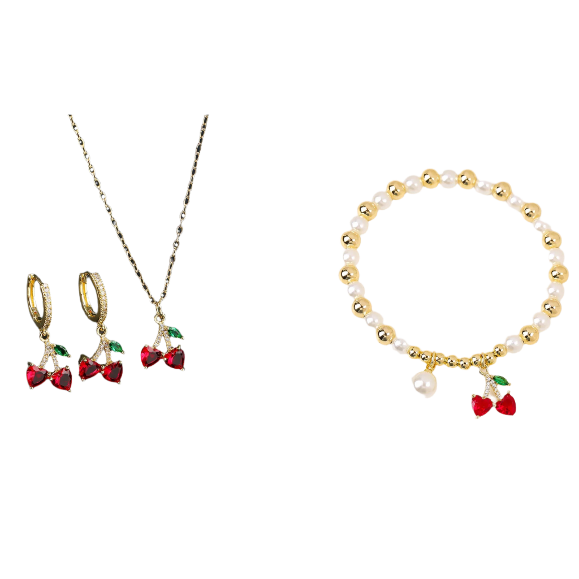 Jewelry set with cherry-themed earrings and necklace on a black background, and pearl bracelet with cherry charm on a white background.