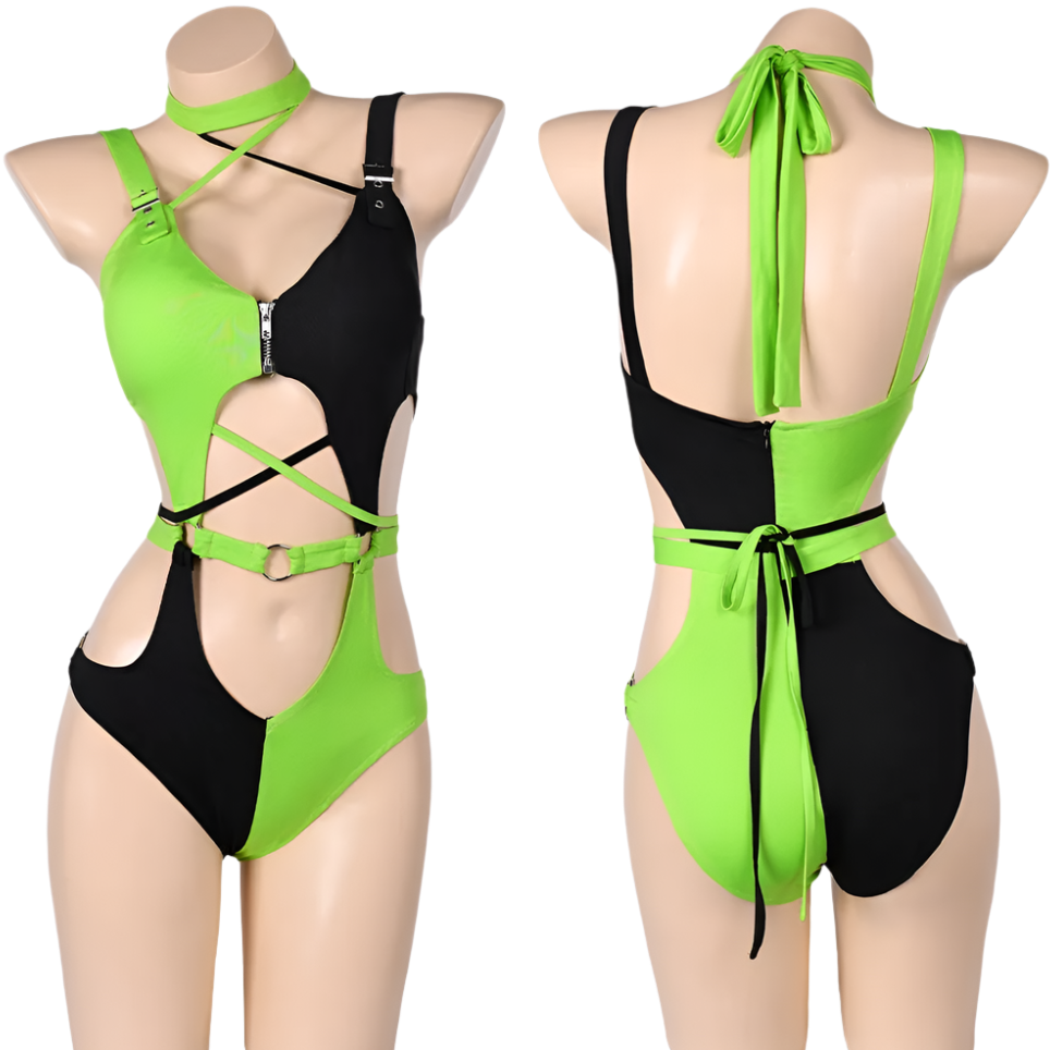 Shego-inspired two-piece costume with top and pants for resort theme nights

