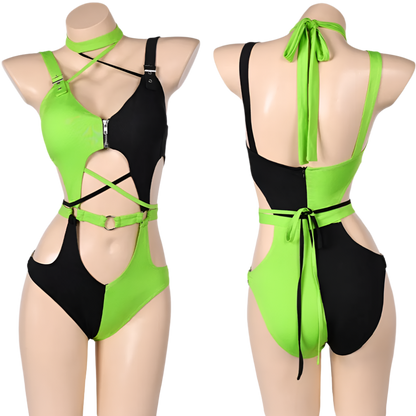 Shego-inspired two-piece costume with top and pants for resort theme nights

