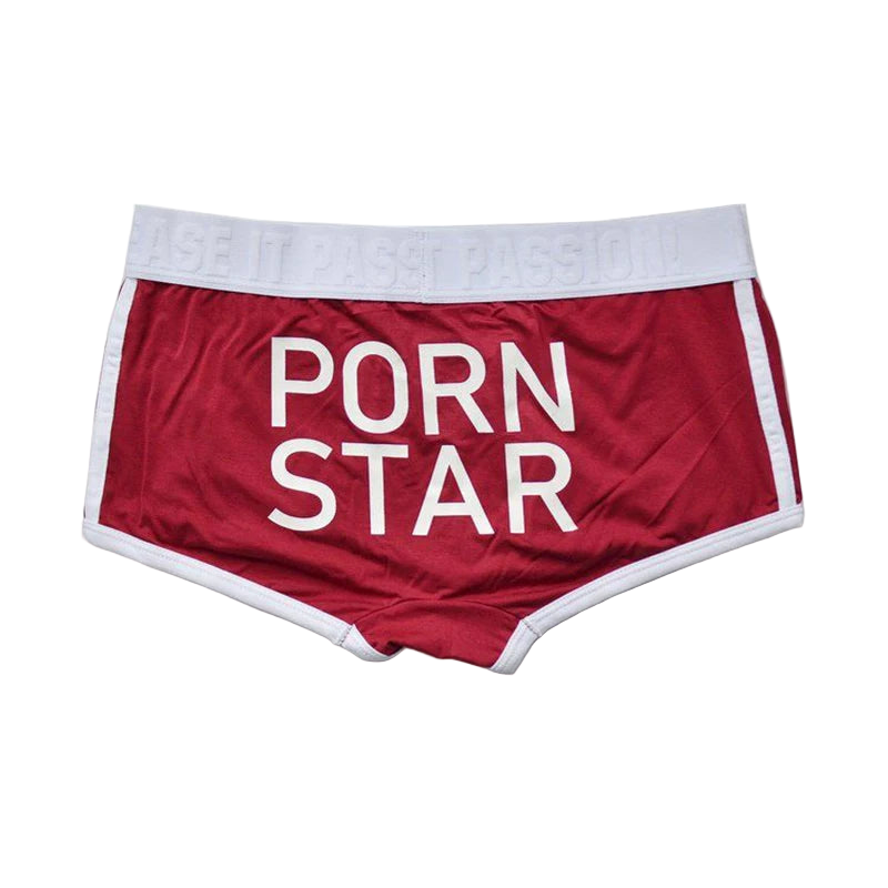 Red shorts with 'Porn Star' text on a white background