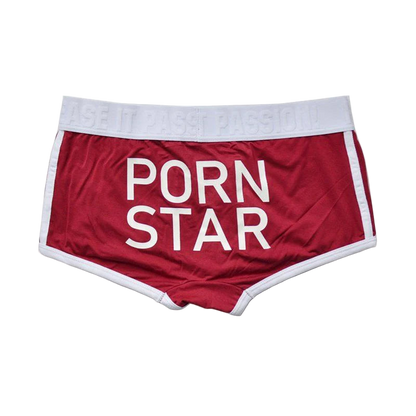 Red shorts with 'Porn Star' text on a white background