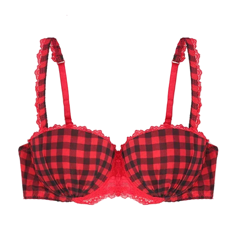 Red and black buffalo plaid bra with red lace trim and adjustable shoulder straps, 