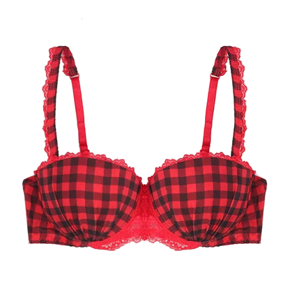 Red and black buffalo plaid bra with red lace trim and adjustable shoulder straps, 
