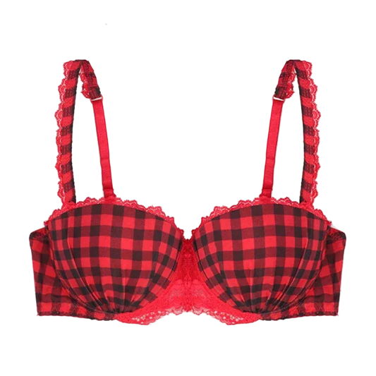 Red and black buffalo plaid bra with red lace trim and adjustable shoulder straps, 