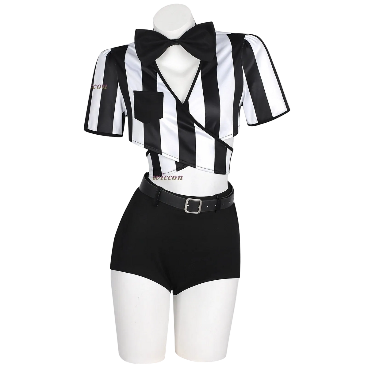 A black and white striped referee costume set displayed on a white mannequin, featuring a short-sleeve top with a black bow tie, black vest, and black shorts with a black belt.
