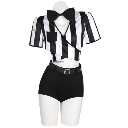 A black and white striped referee costume set displayed on a white mannequin, featuring a short-sleeve top with a black bow tie, black vest, and black shorts with a black belt.
