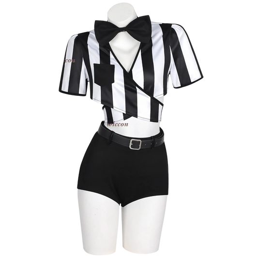 A black and white striped referee costume set displayed on a white mannequin, featuring a short-sleeve top with a black bow tie, black vest, and black shorts with a black belt.