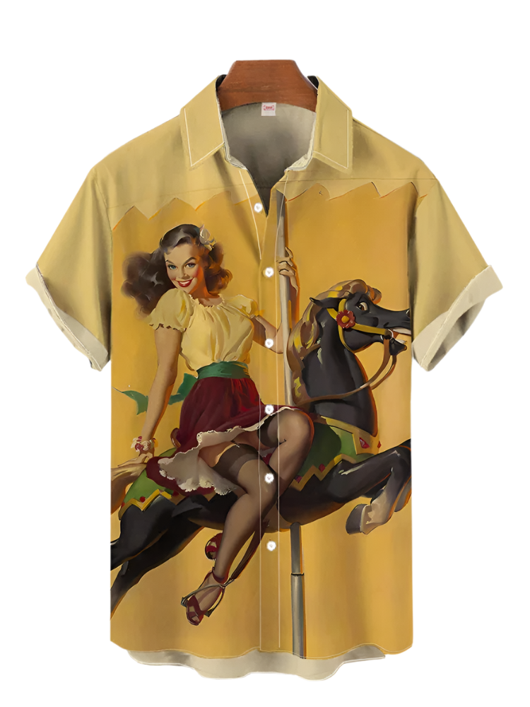 Yellow shirt with a graphic of a woman on a horse on a white background