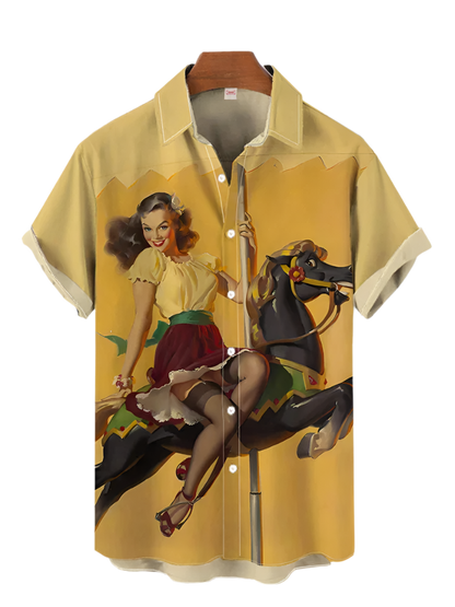Yellow shirt with a graphic of a woman on a horse on a white background