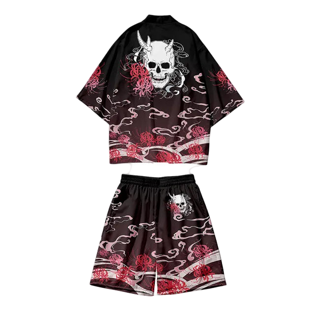 Black kimono-style outfit with red floral and white skull designs on a white background.
