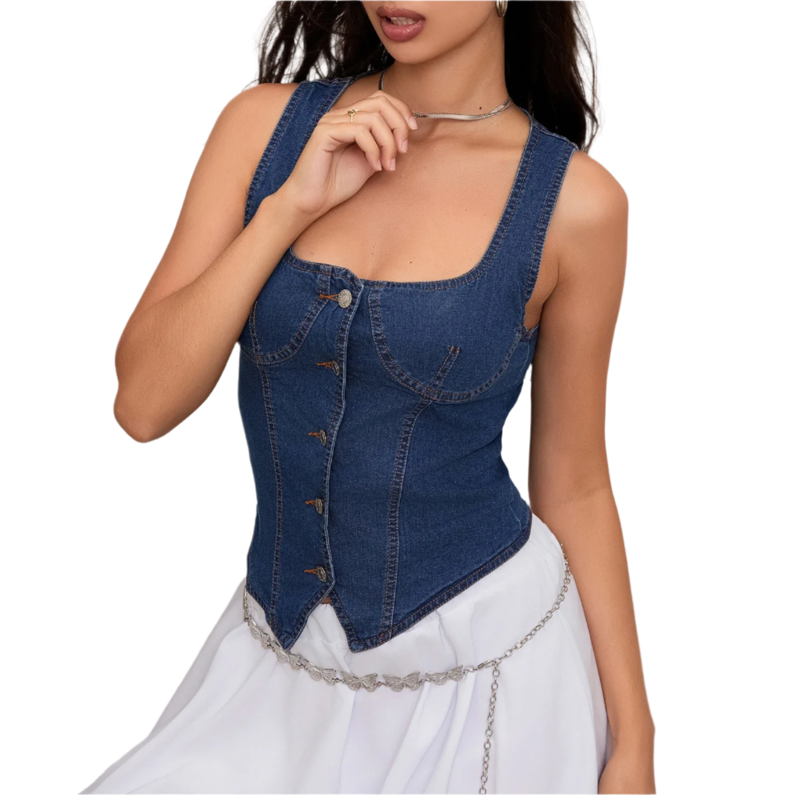 Denim Corset Top: A fitted denim corset top with a scoop neckline and button-down front. The top has structured seams for a flattering silhouette.