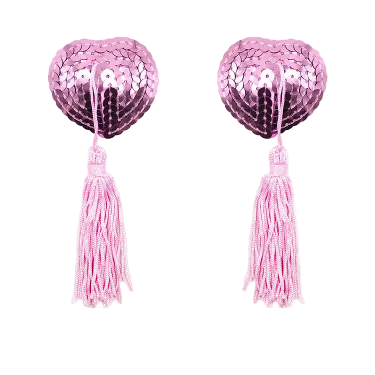 Pair of pink sequin pasties with tassels on a white background