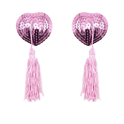 Pair of pink sequin pasties with tassels on a white background